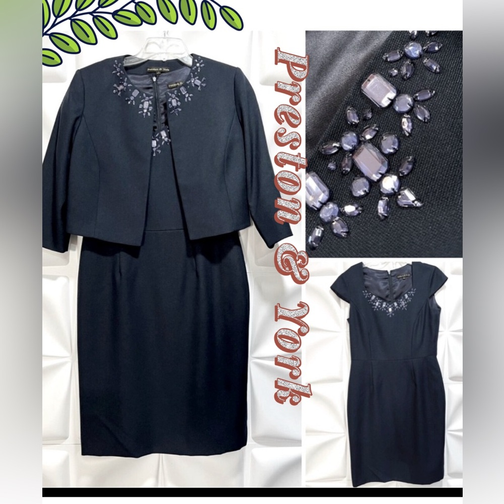 Beautiful Preston & York Sz 8 Navy 2 pc Jeweled Satin Lined Dress Suit W Jacket
